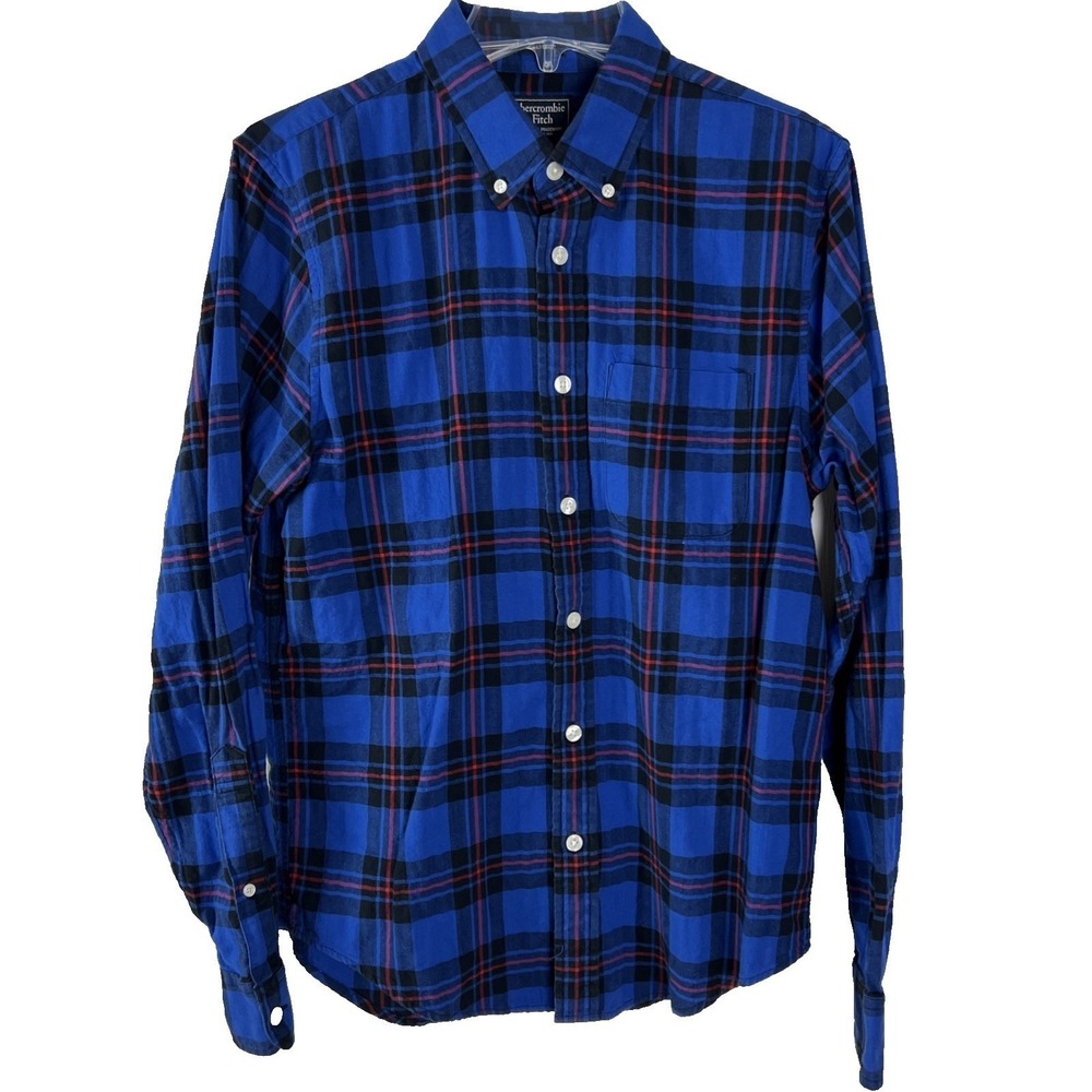 Abercrombie & Fitch Flannel Shirt Men Medium Slim Fit Blue Plaid Button Down E16